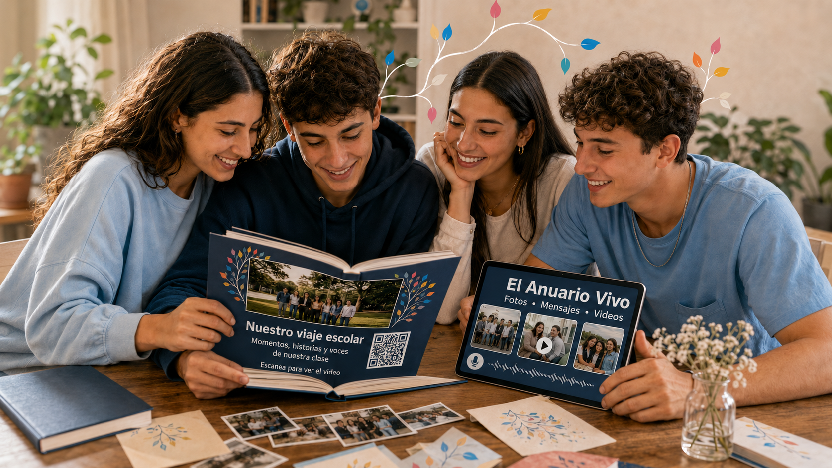 Jóvenes mirando un anuario escolar y una tablet con el título El Anuario Vivo