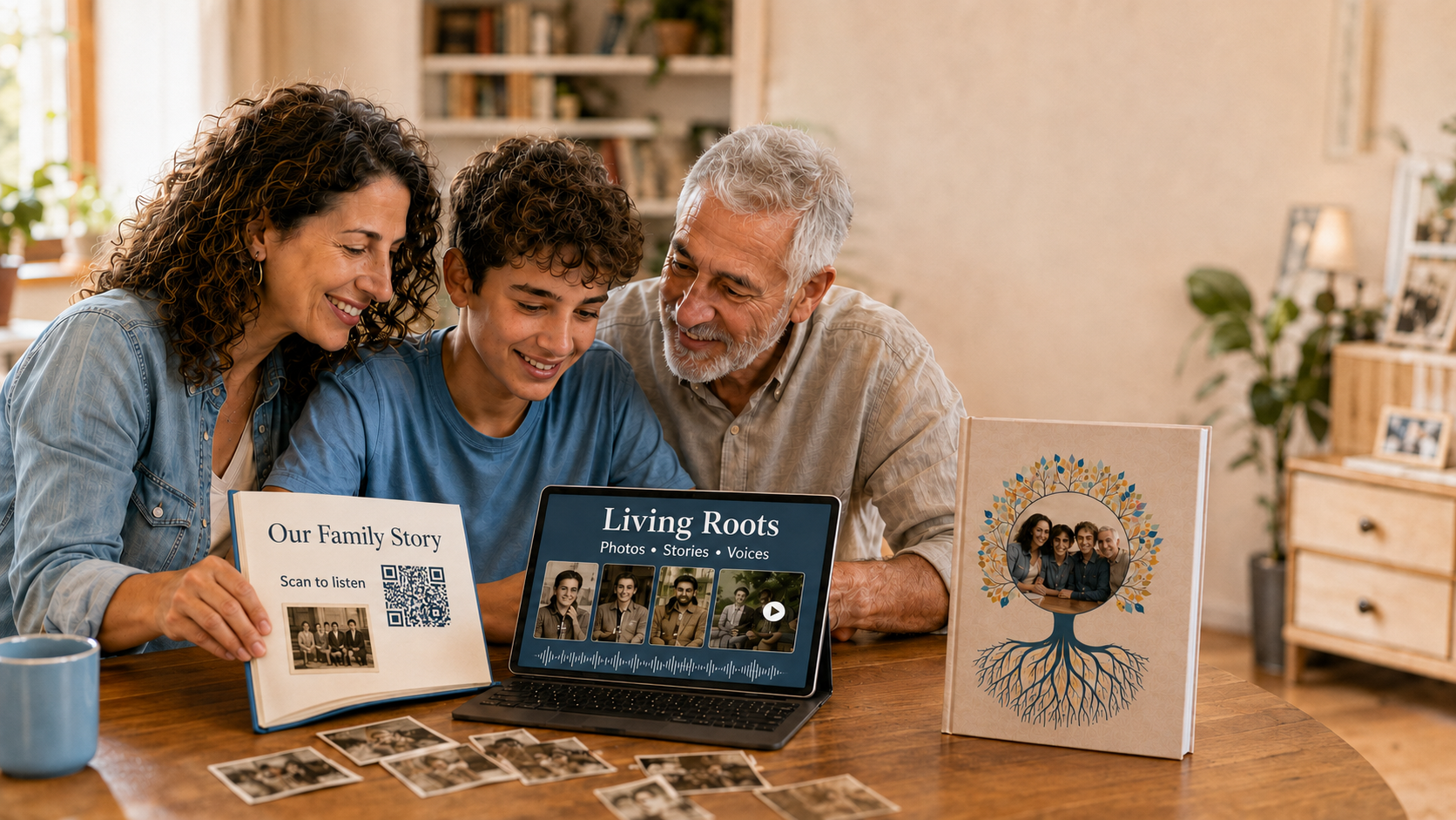 A student creates a family story with their mother and grandfather, combining photos, recordings and a printed book with FamLife