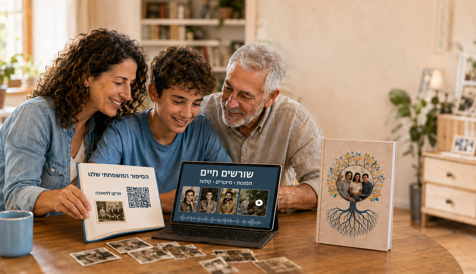 תלמיד יוצר עם אמו וסבו סיפור משפחתי המשלב תמונות, הקלטות וספר מודפס באמצעות FamLife