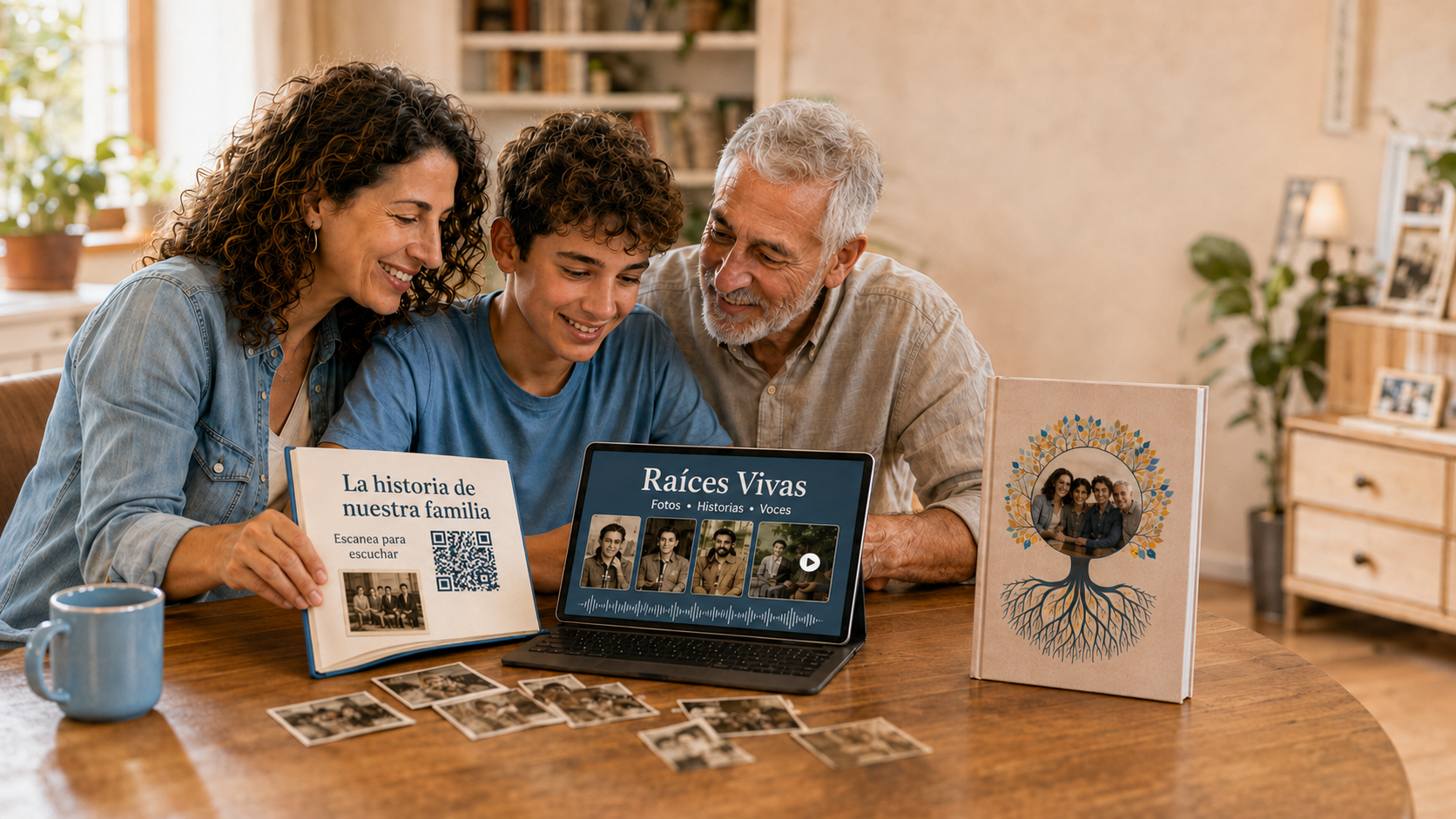 Un estudiante crea una historia familiar con su madre y su abuelo, combinando fotos, grabaciones y un libro impreso con FamLife