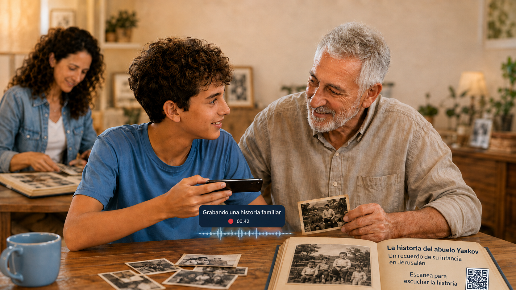 Un joven graba una historia familiar con su abuelo, junto a fotos antiguas y un libro de recuerdos con un código QR
