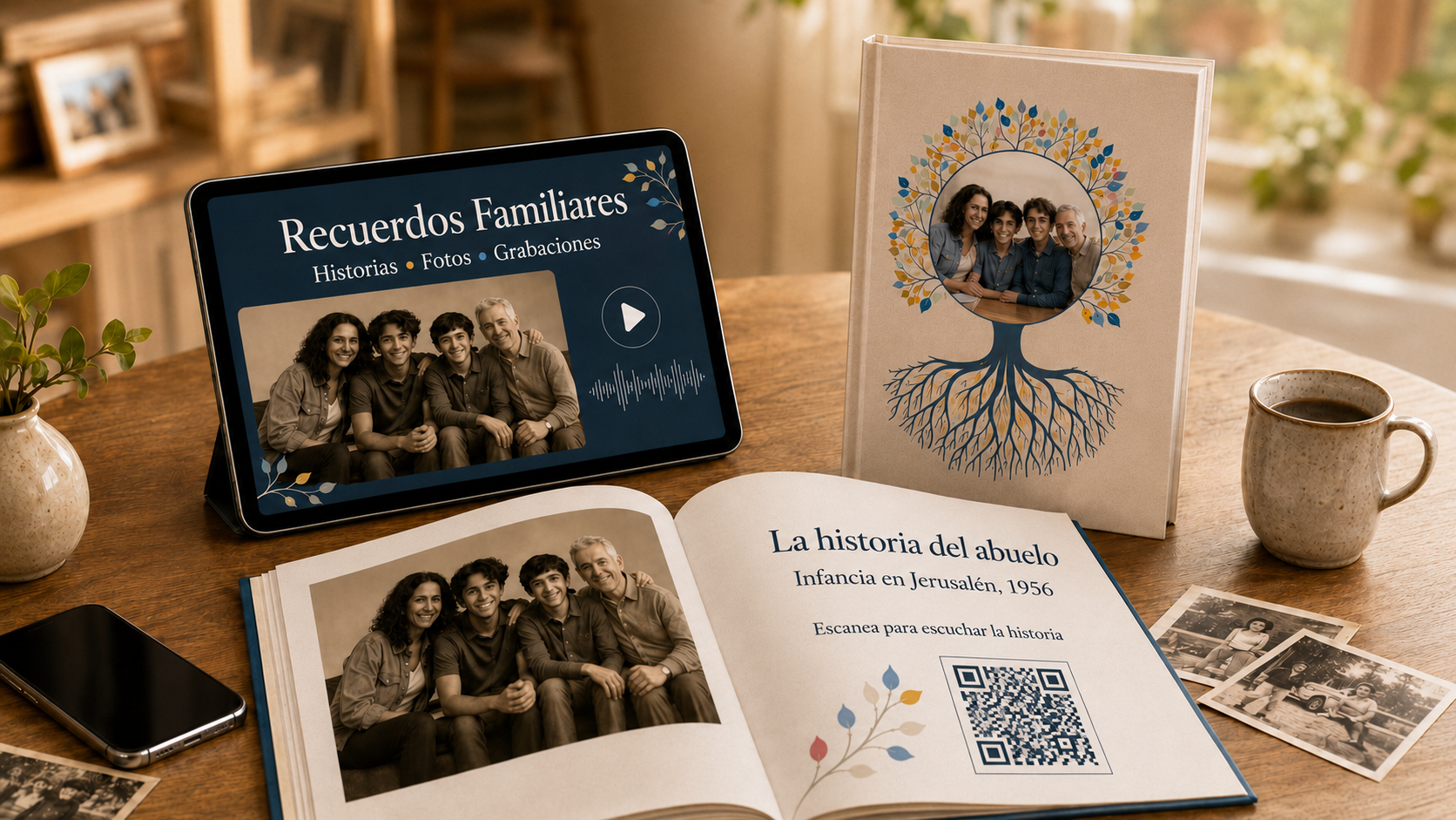Un libro familiar impreso junto a una tablet que muestra fotos, historias y grabaciones, con un código QR que une lo impreso y lo digital