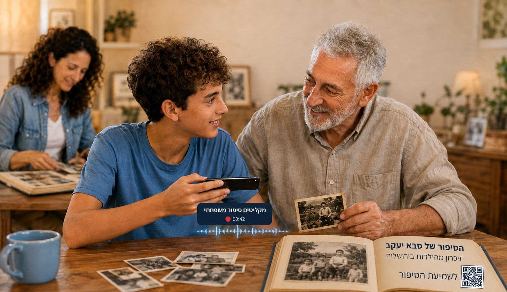 תלמיד מראיין את סבו ומקליט סיפור משפחתי לצד תמונות ישנות ואלבום עם קוד QR