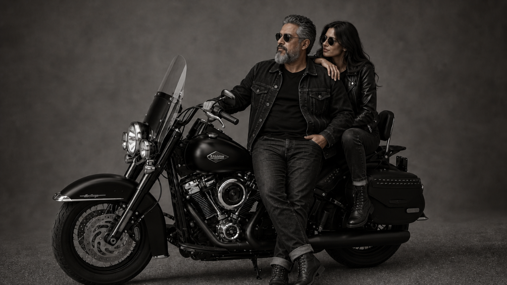 Black and white portrait of a couple with their motorcycle
