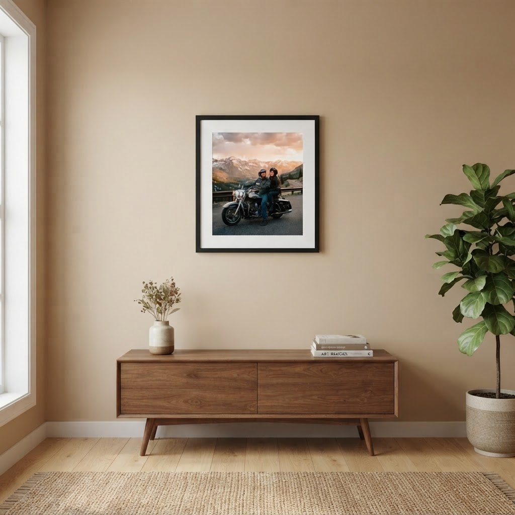 11x14 framed motorcycle portrait on a living room wall