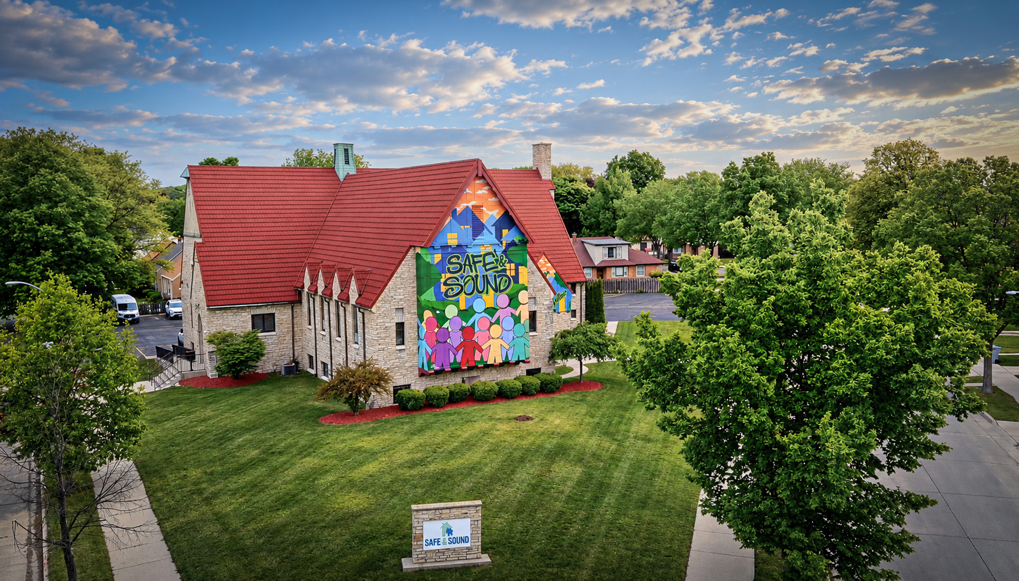 Safe & Sound community building with mural