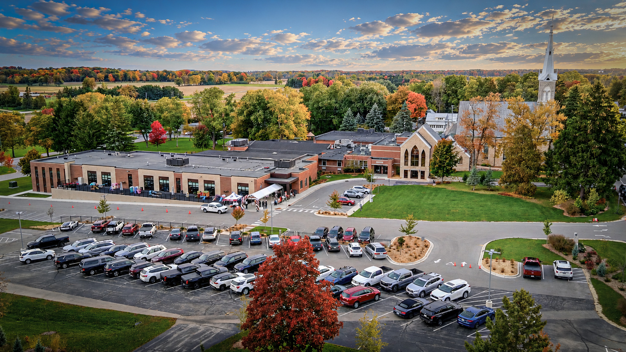 Trinity Lutheran Freistadt School wide aerial view in autumn