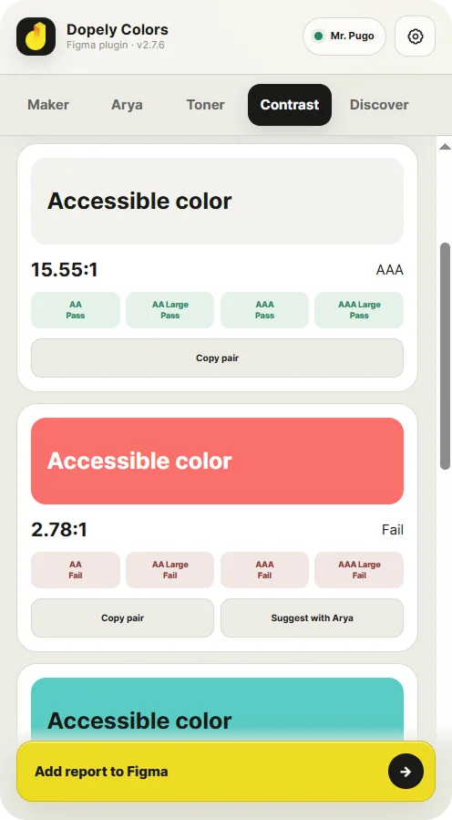 WCAG contrast checker showing pass and fail results