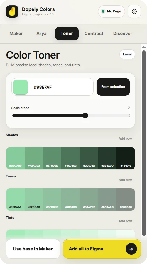 Color toner generating tints shades and tones