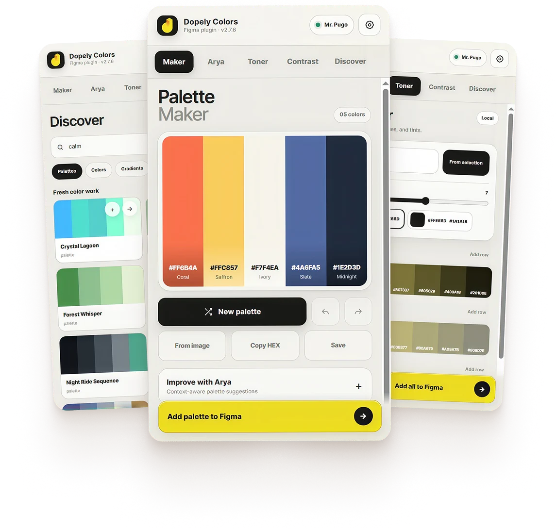 Dopely Colors for Figma — Discover, Palette Maker, and Toner screens