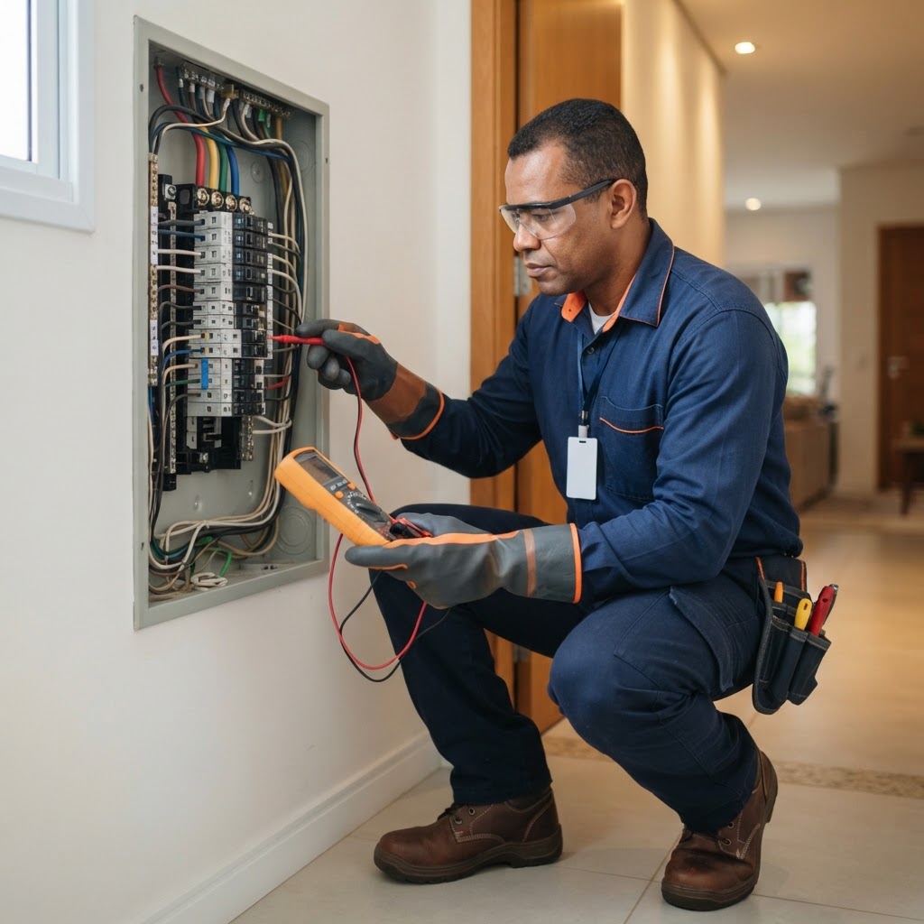 Eletricista brasileiro uniformizado e com EPI inspecionando com segurança um quadro elétrico residencial
