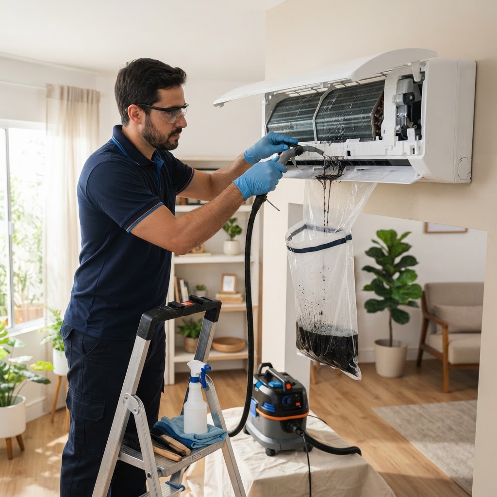 Técnico brasileiro uniformizado e com EPI realizando a limpeza técnica da evaporadora de um ar-condicionado split residencial