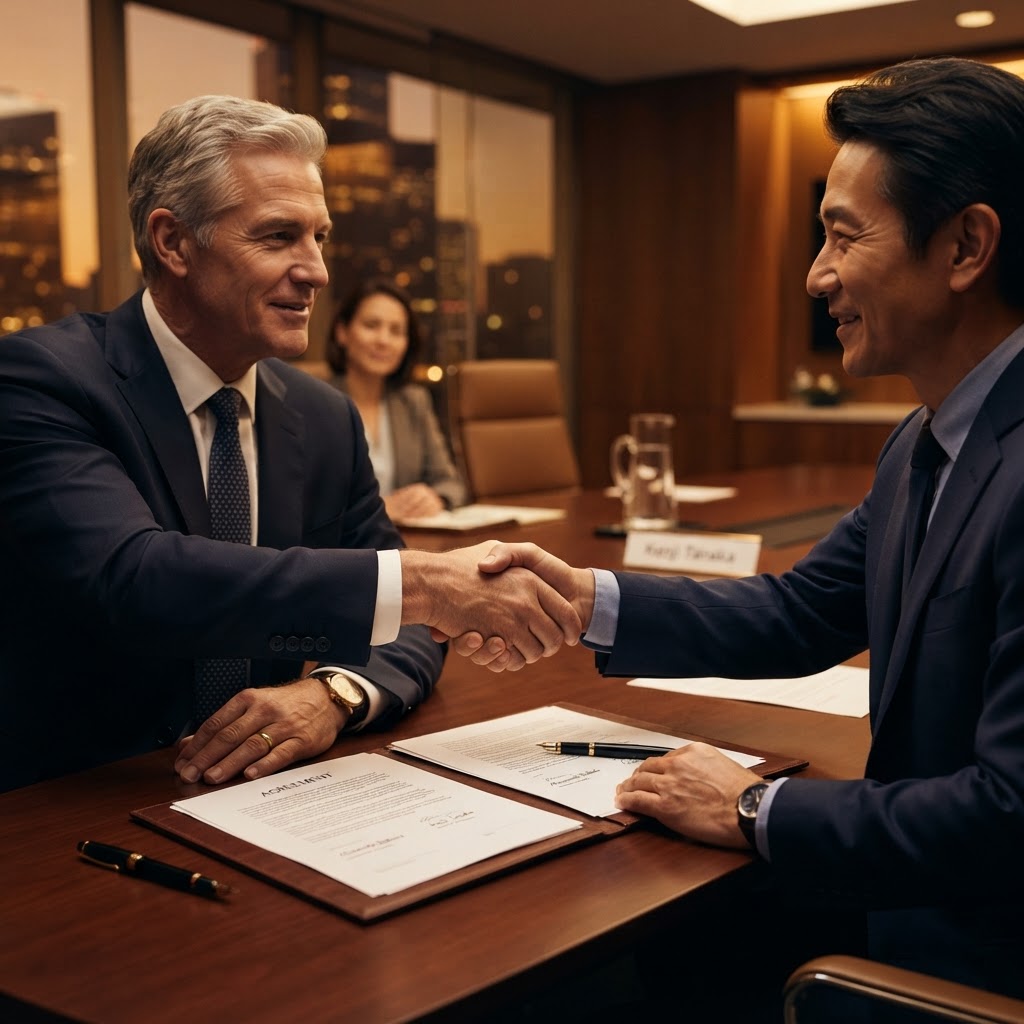 Aperto de mãos formalizando acordo empresarial