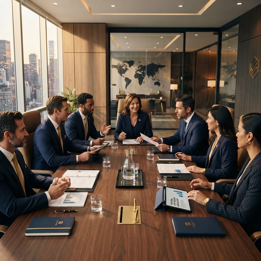 Negociação corporativa profissional em mesa de reunião