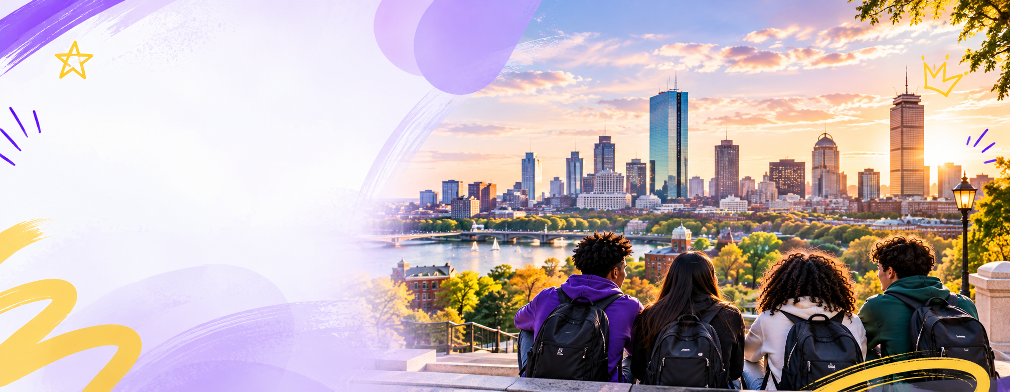 Students overlooking a city skyline at sunset
