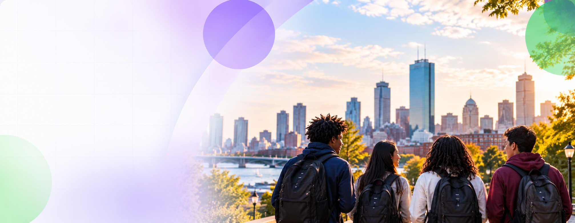Students overlooking a city skyline at sunset