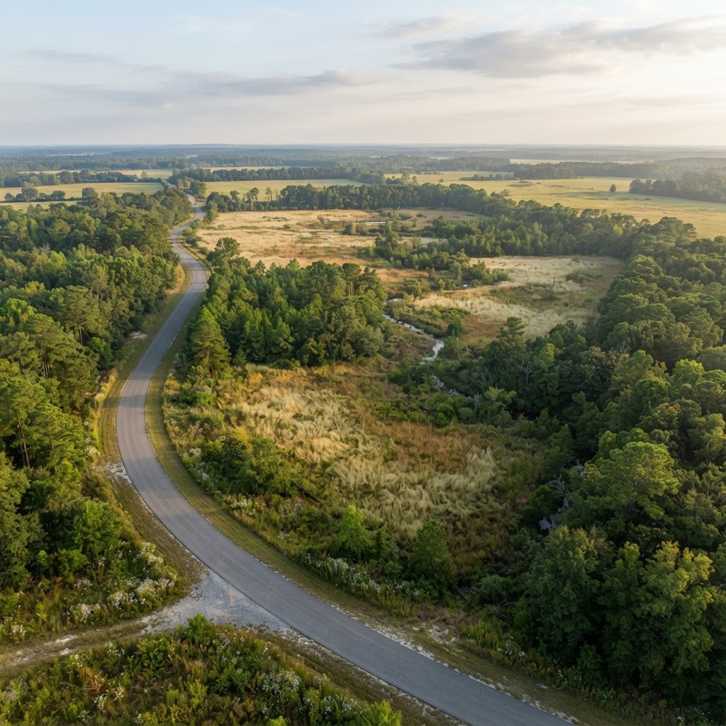 Illustrative rural land parcel bordered by a road and mature woodland