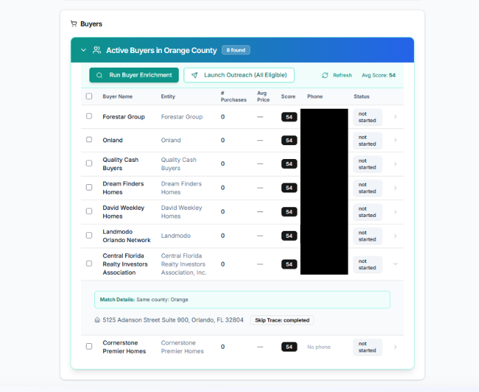 LandConnect Buyer / Builder Matching + Industry Contacts interface