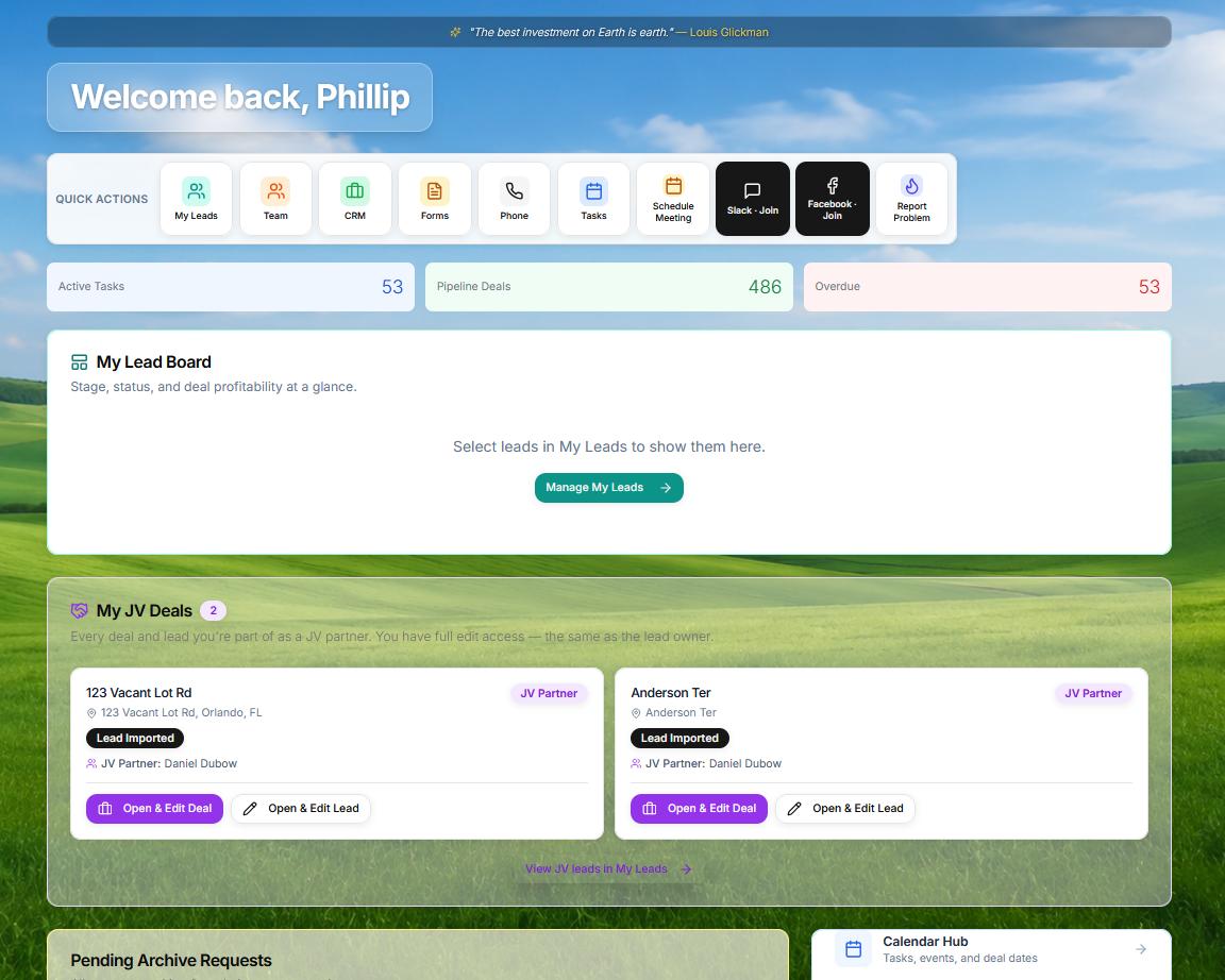 LandConnect member dashboard with quick actions, lead board, and deal activity