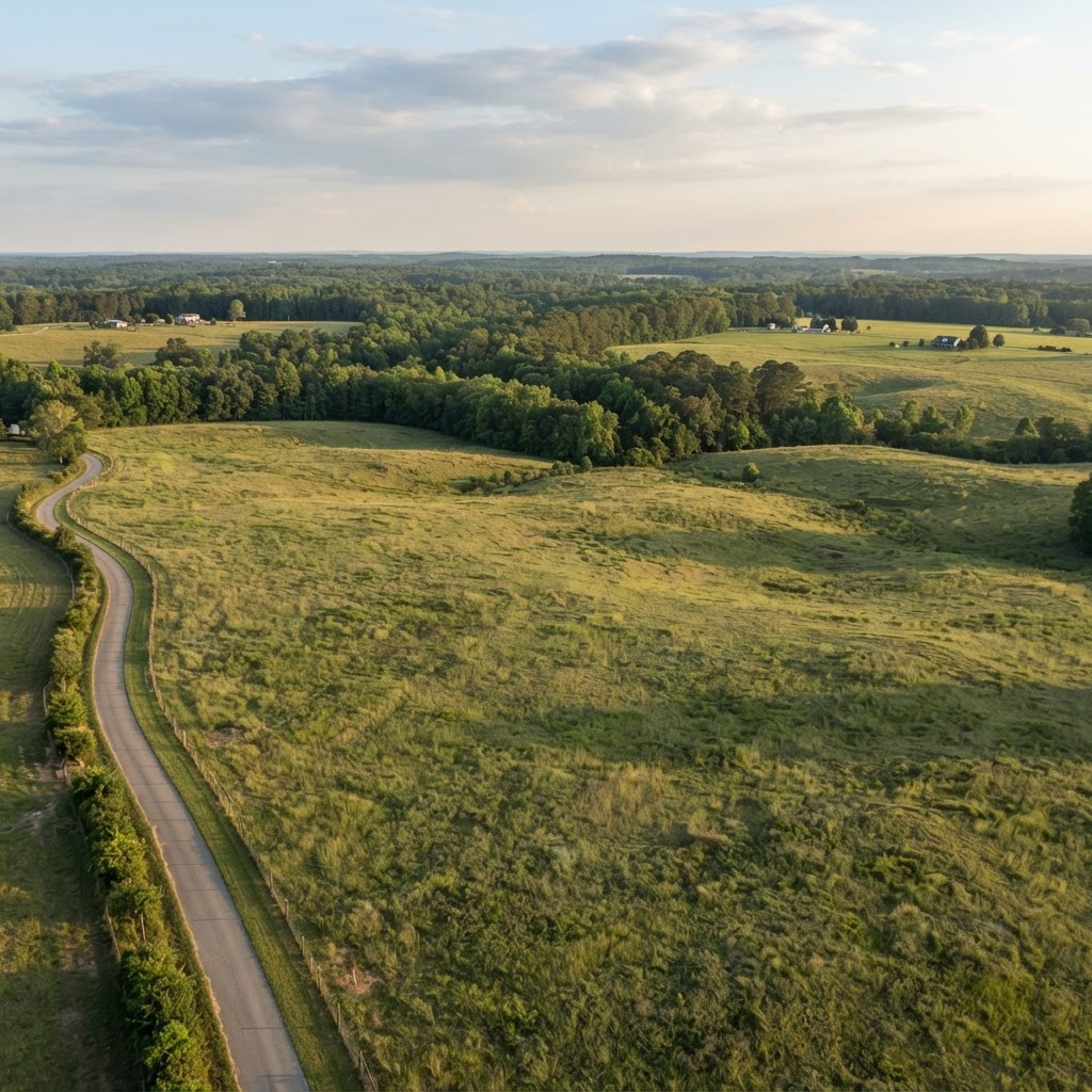 Illustrative aerial view of open land, tree lines and an access road