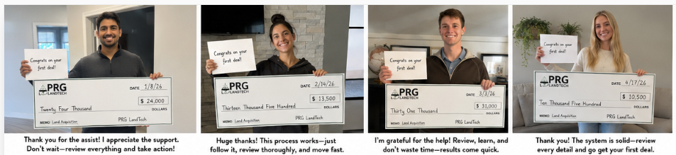PRG LandTech partner first deal checks - $24,000, $13,500, $31,000, $10,500