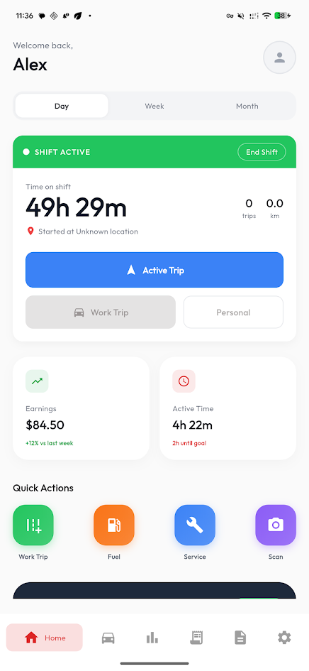 GoRide app home screen with an active shift