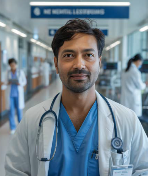 Physician in a hospital hallway