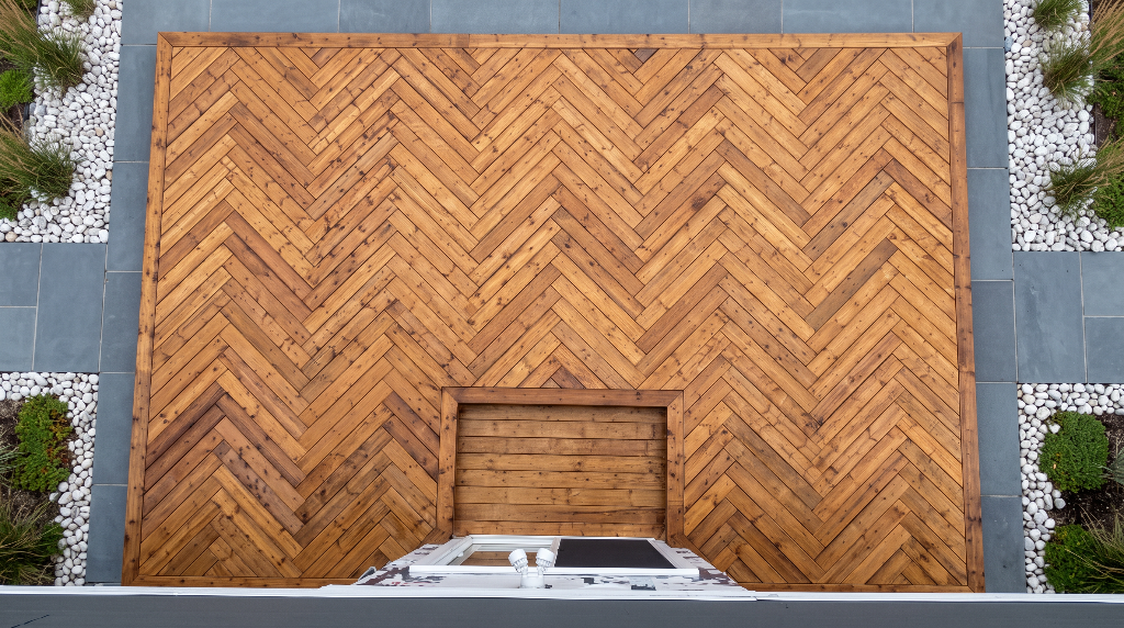 Herringbone pattern wood deck built by VP ReNewWay in Paradise NL