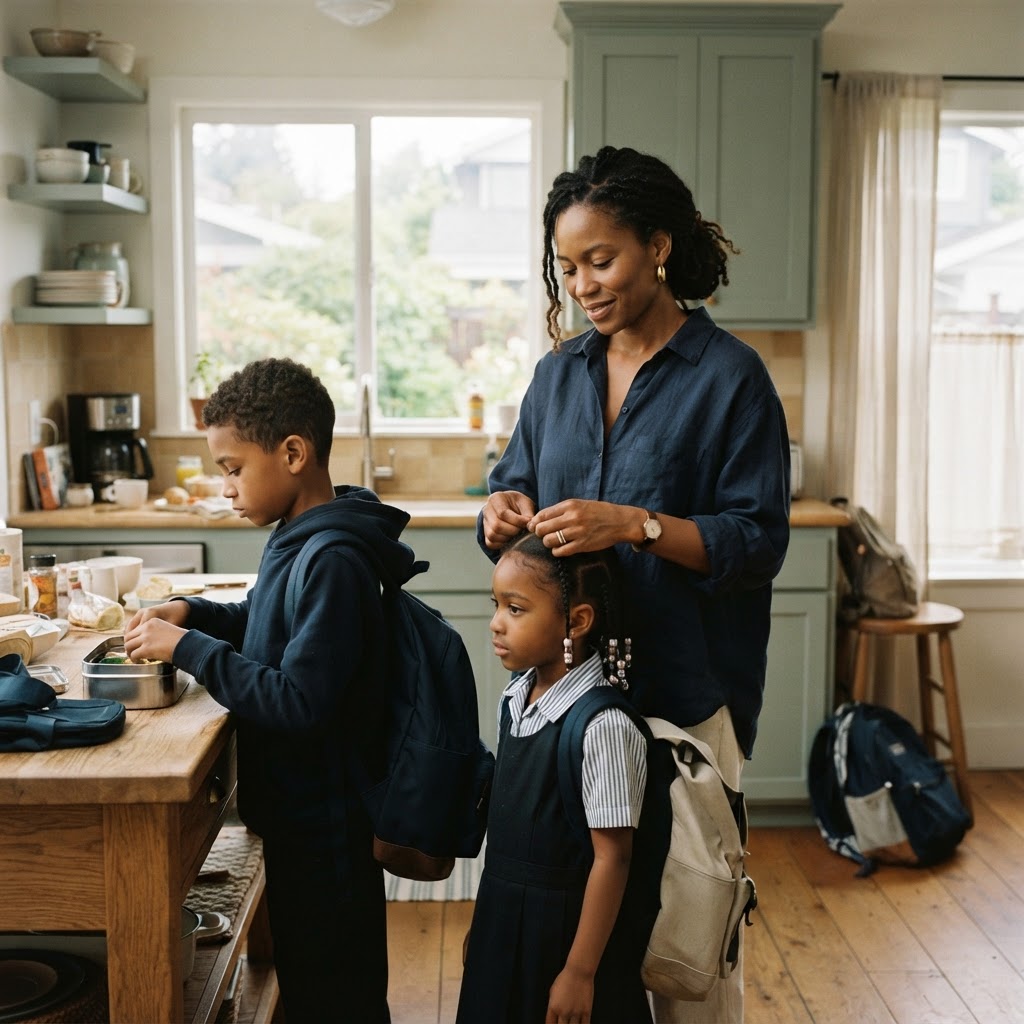 A parent in a softly lit kitchen in the morning