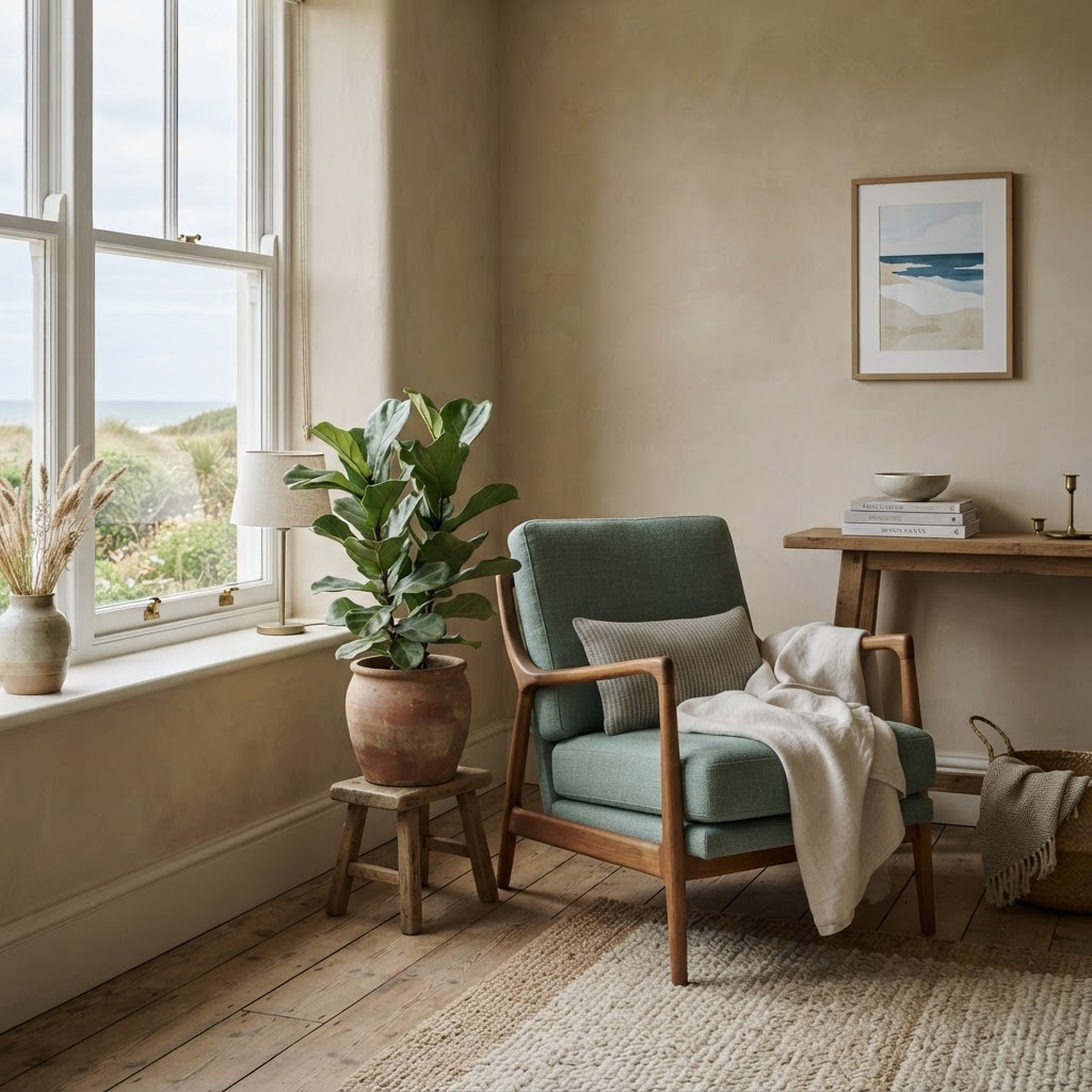 A quiet coastal living room corner in natural light