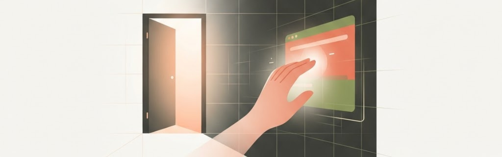 Illustration of a hand reaching toward a floating web interface glowing from an open doorway