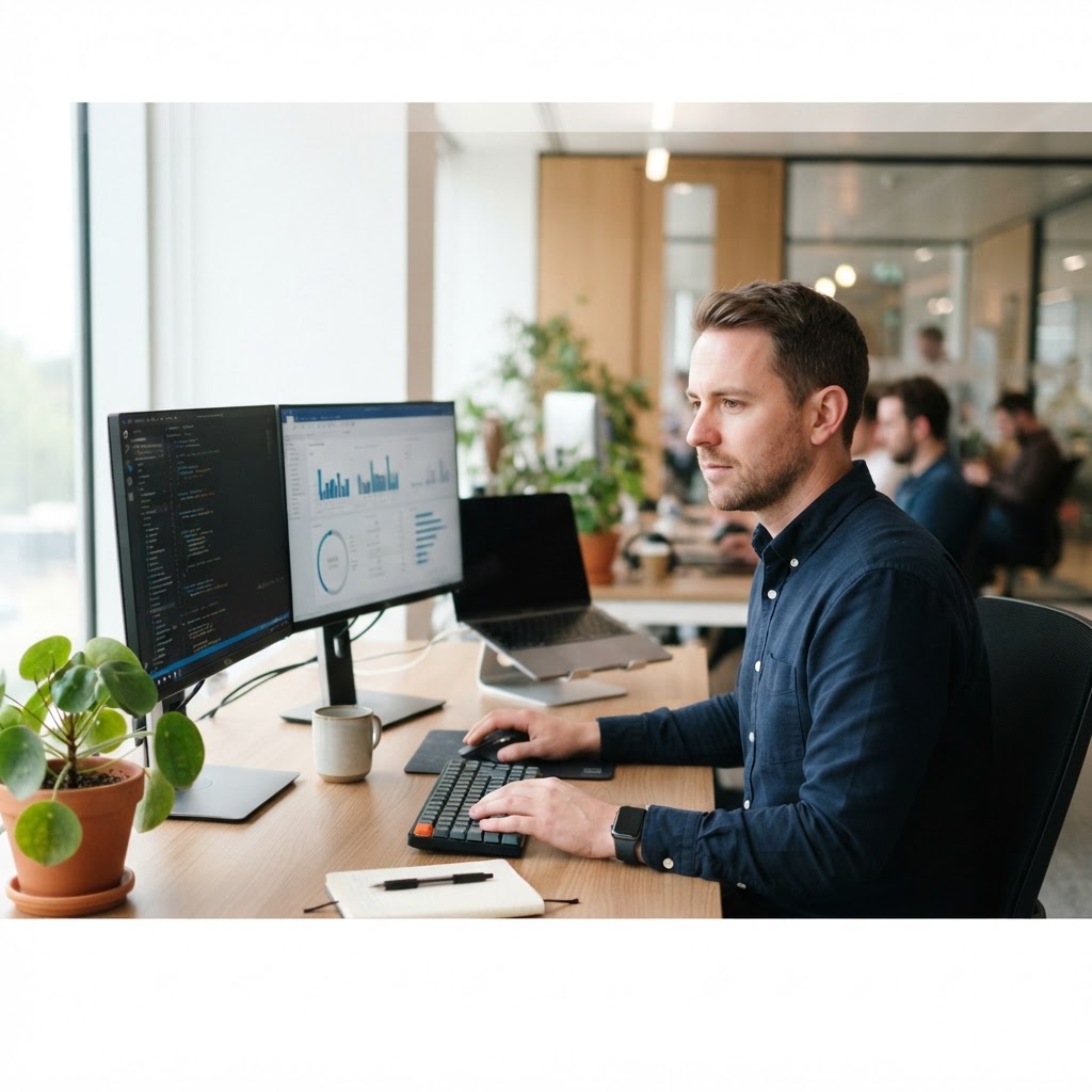A professional working at a desk with dual monitors