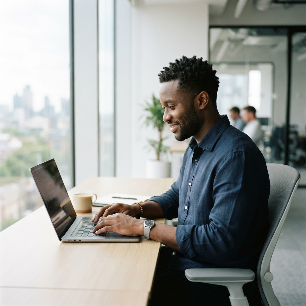 A professional working on a laptop in a modern office
