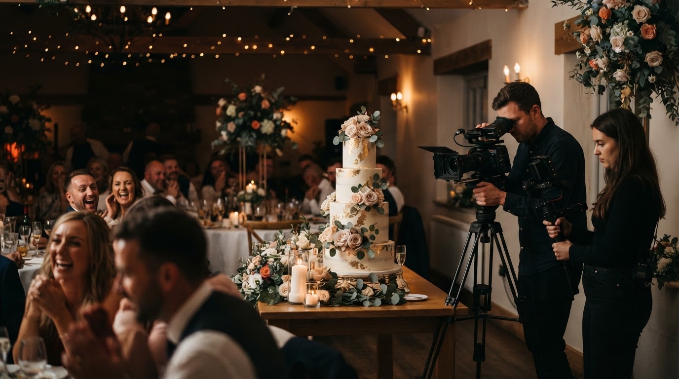 Cinematic wedding reception with cake and filmmakers