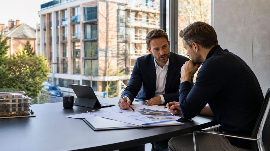 Two professionals reviewing architectural plans in a modern office