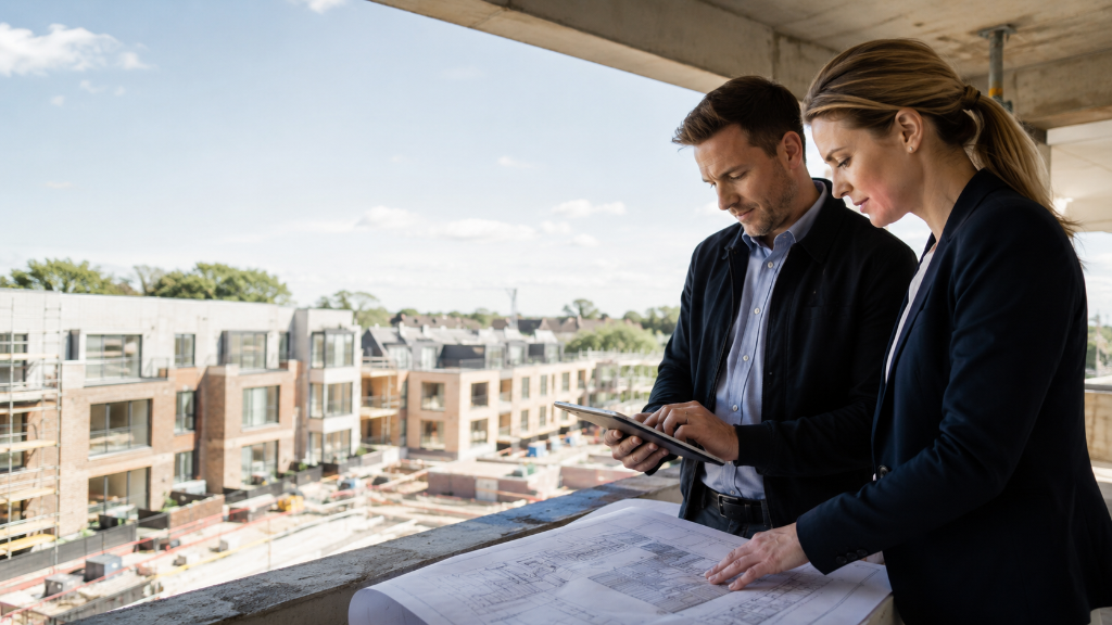 Property professionals reviewing plans at a development site