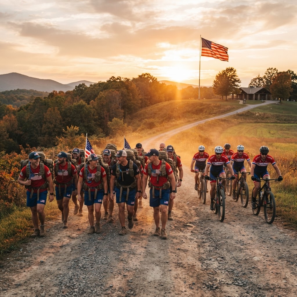 Patriotic group of ruckers and cyclists with American flag