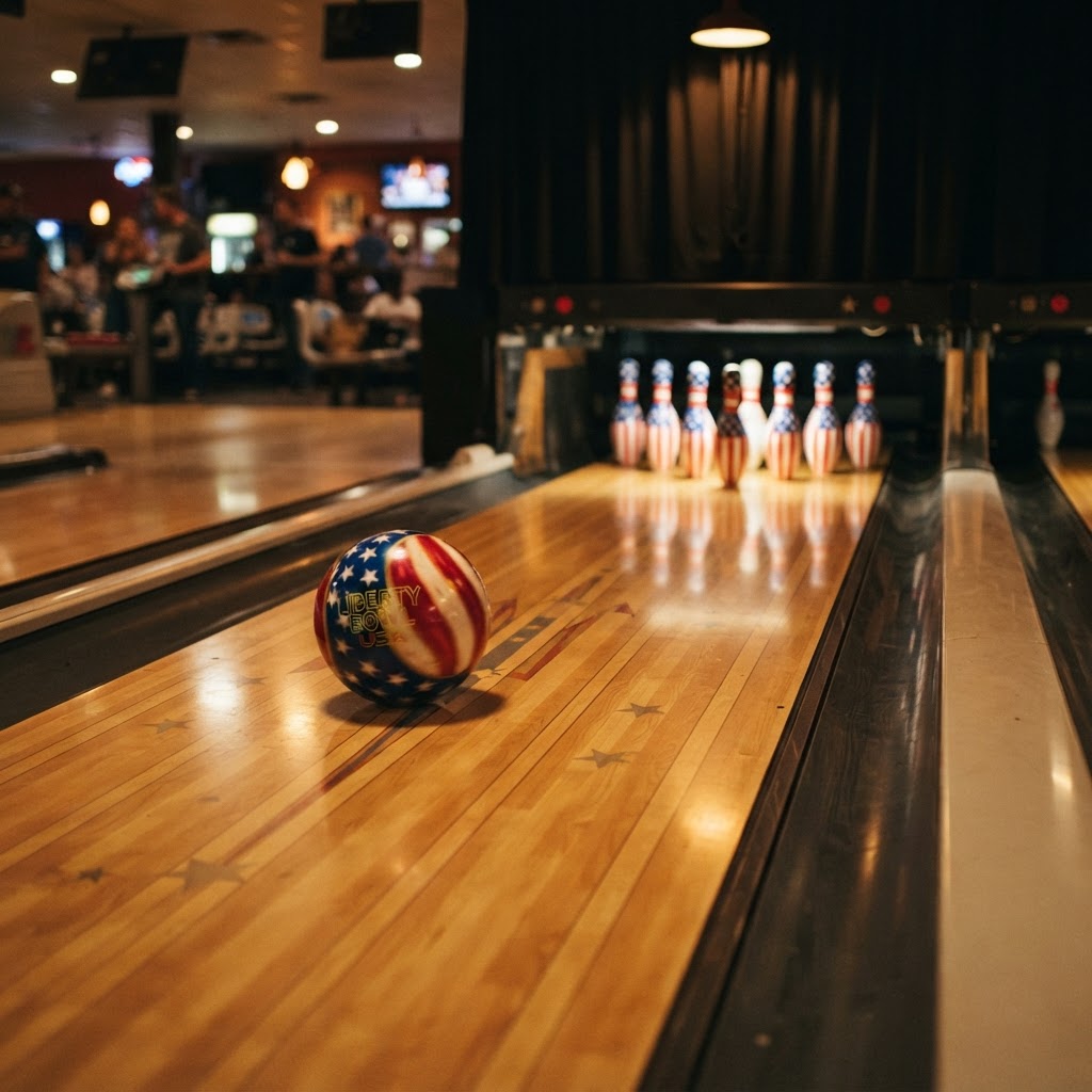 Patriotic bowling ball and pins on a lane