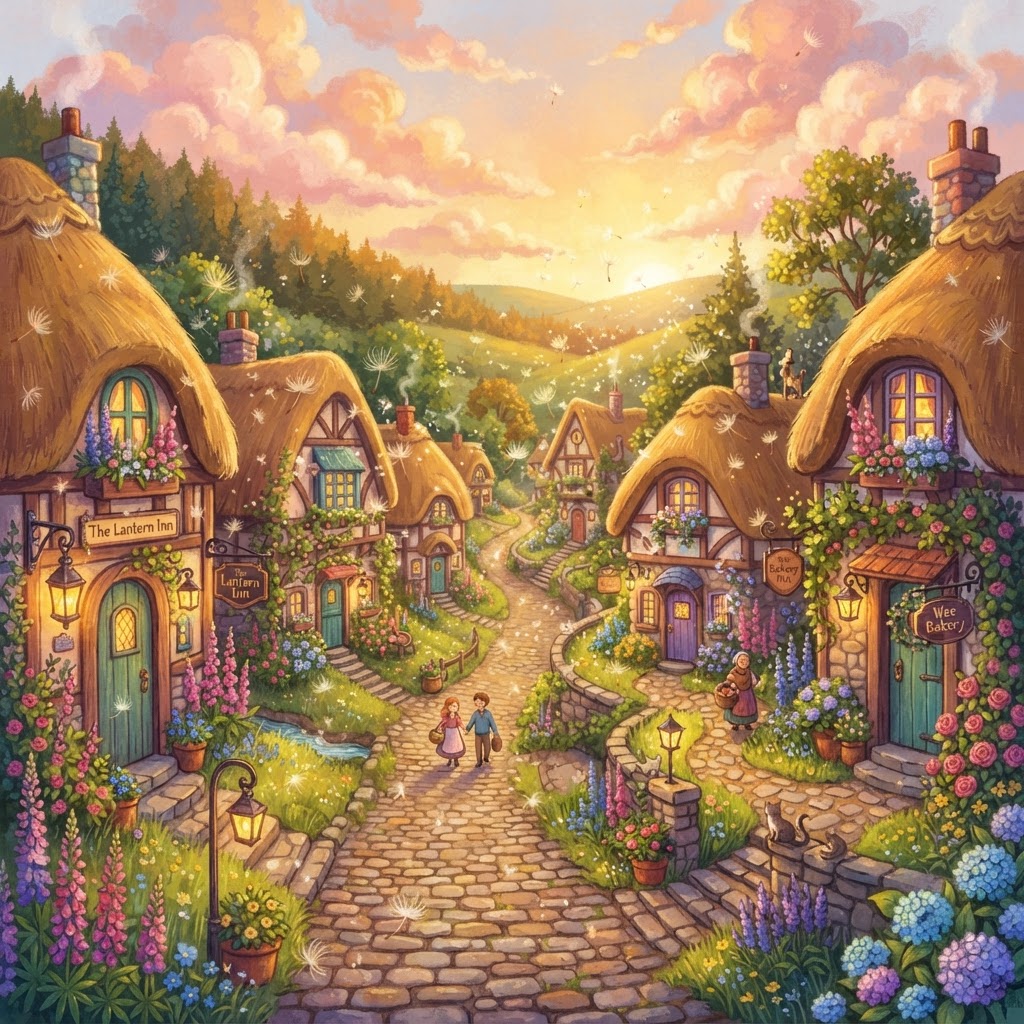 A winding cobblestone lane lined with thatched-roof cottages at golden hour