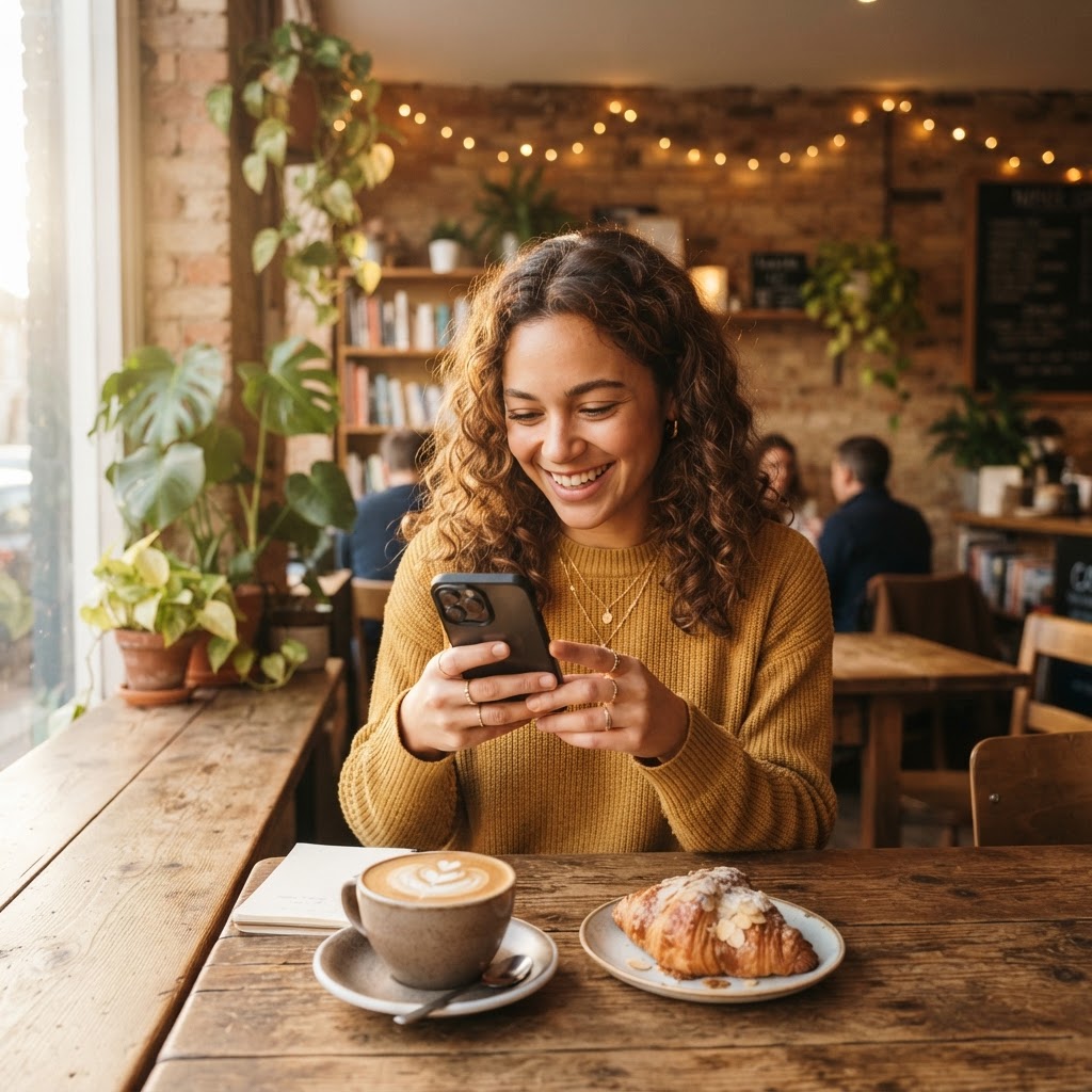 A local creator taking a photo of their coffee at a cozy local coffee shop