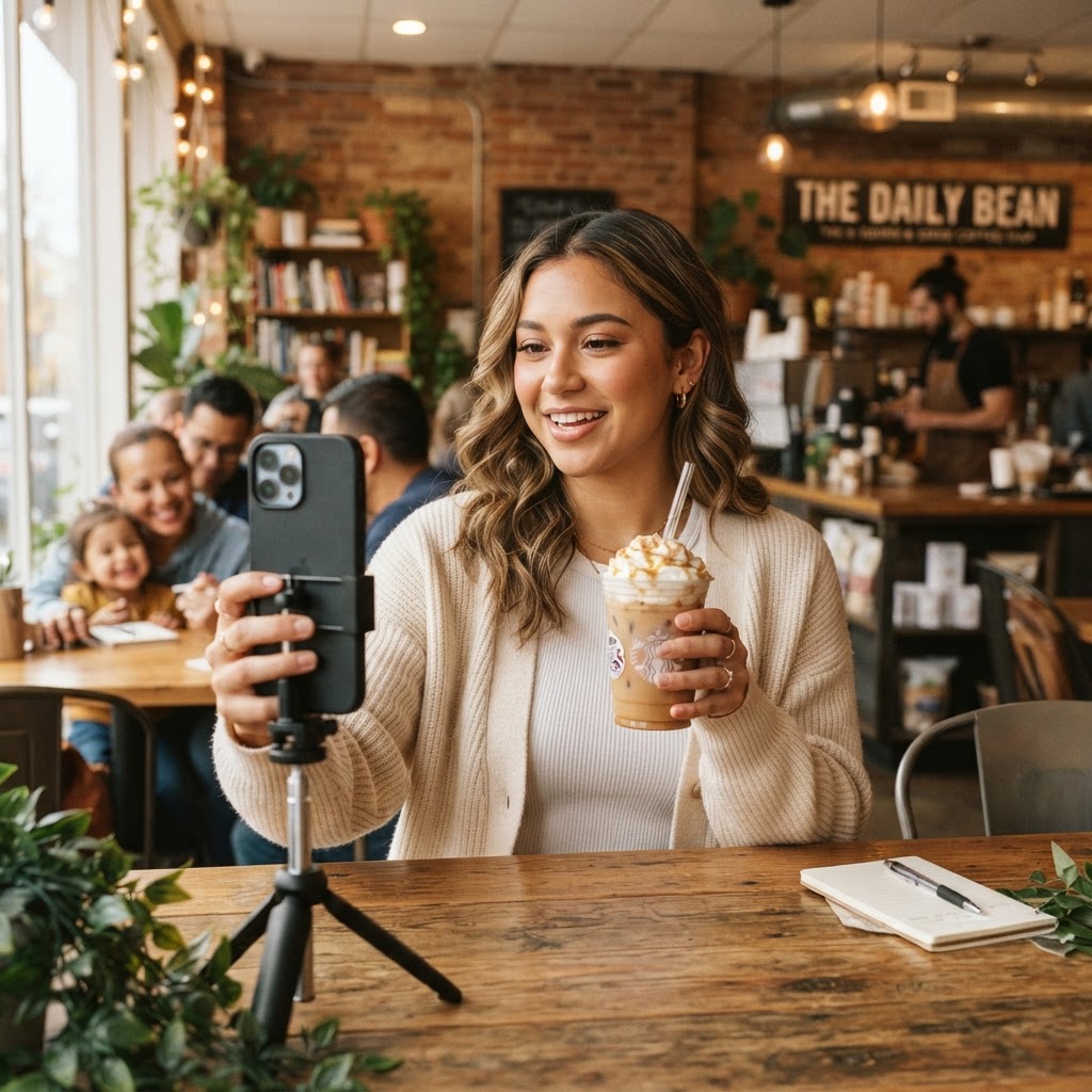 A local creator filming content at a neighborhood coffee shop — demonstration