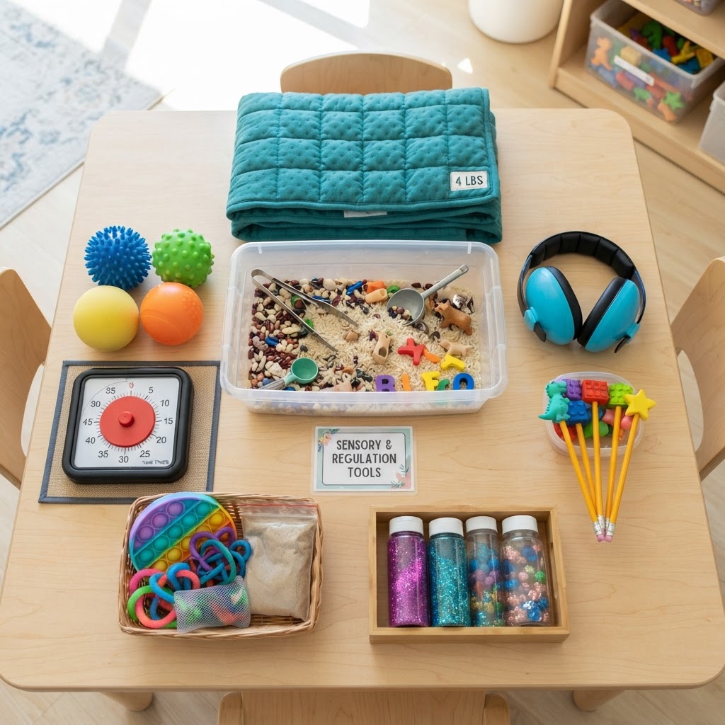 A collection of sensory regulation tools: fidget items, weighted pads, and noise-canceling headphones