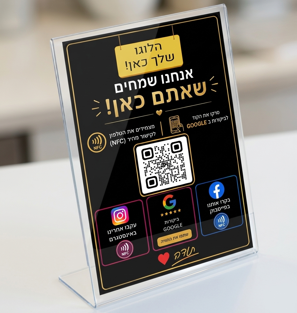 מעמד A5 מעוצב NFC + QR + קישור רשת חברתית