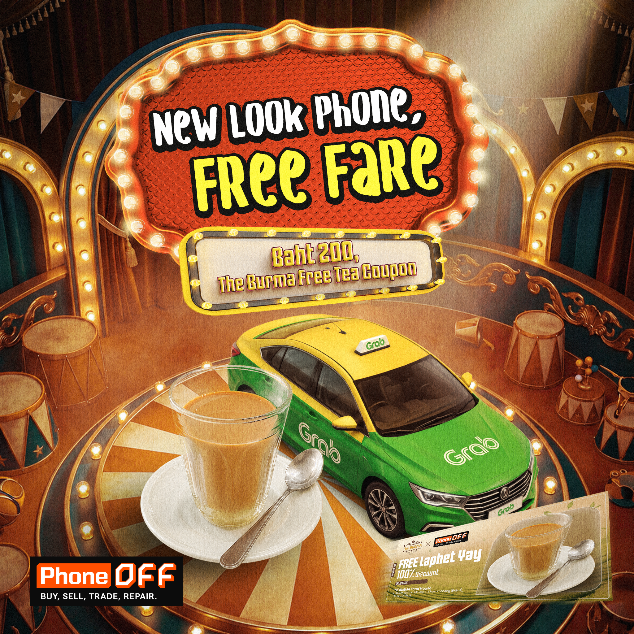 New look phone, free fare - Baht 200 & The Burma free tea coupon