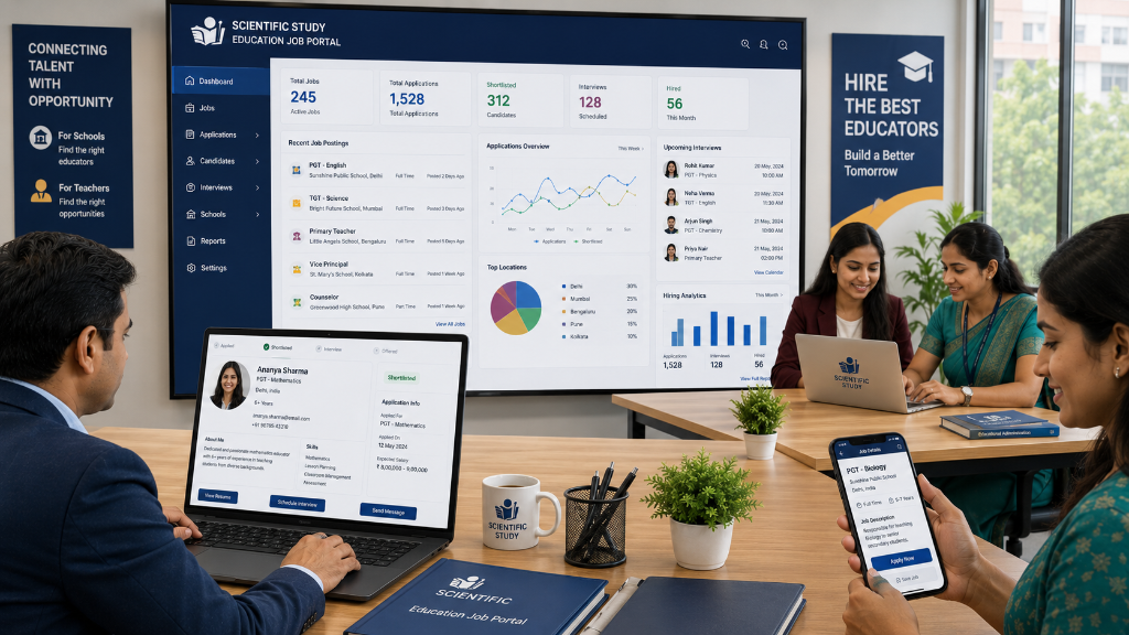 Education job portal dashboard showing teacher recruitment, school hiring software, and candidate management for educational institutions