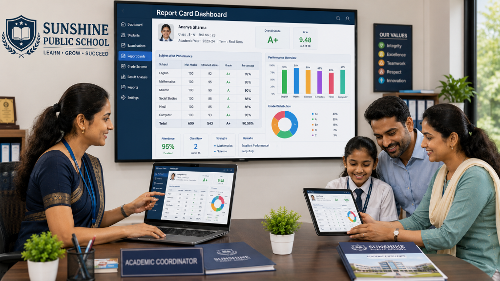 Report card management software dashboard - teacher reviewing student grades and performance with parents