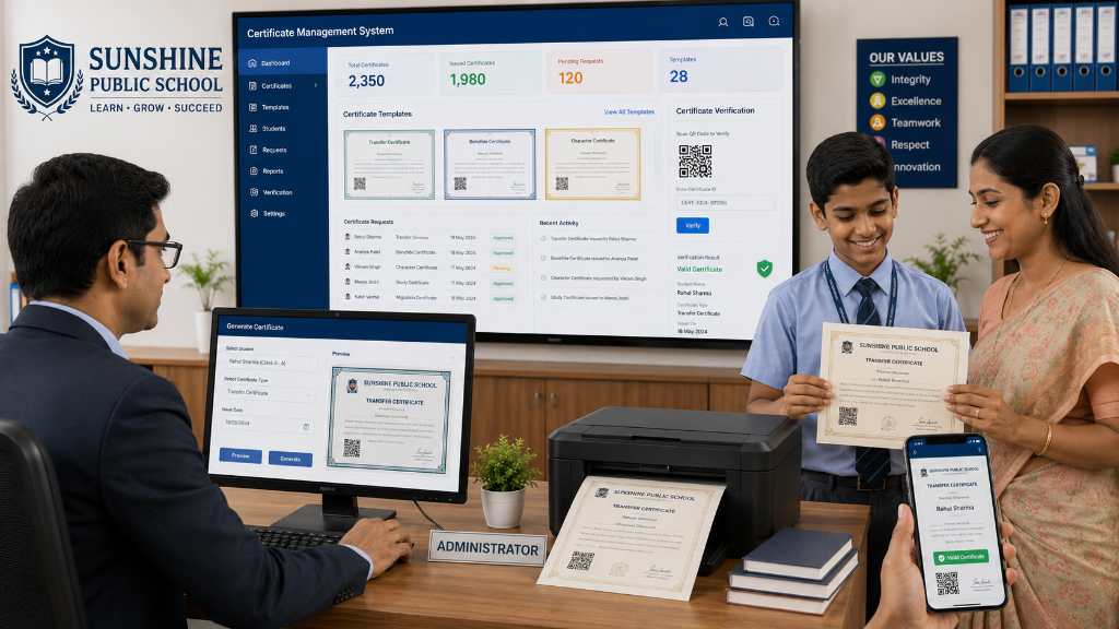 Certificate management software dashboard - administrator generating transfer certificates with QR code verification
