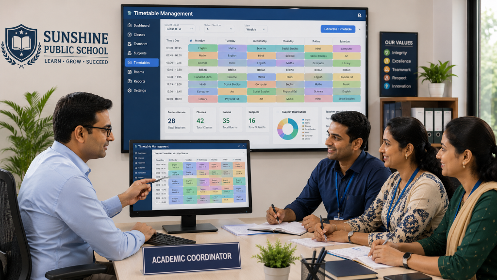 Timetable management software dashboard - academic coordinator reviewing class schedules with teachers