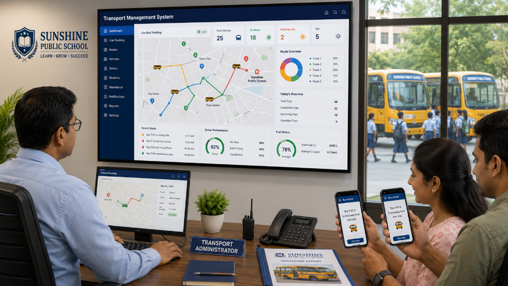 Transport management software dashboard showing GPS bus tracking, route management, and parent notifications for school transportation