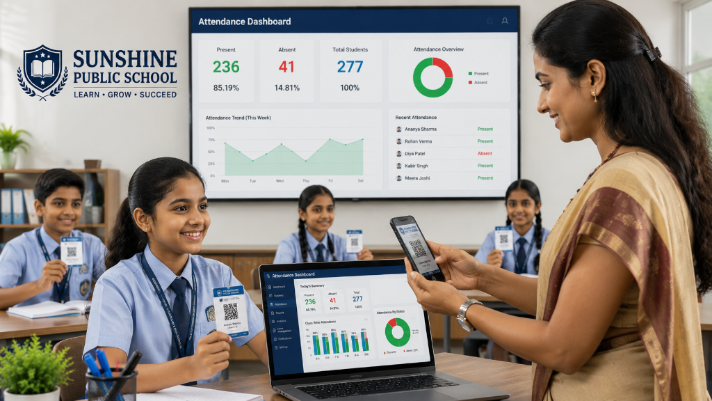 School attendance management software - teacher marking attendance with biometric system and dashboard